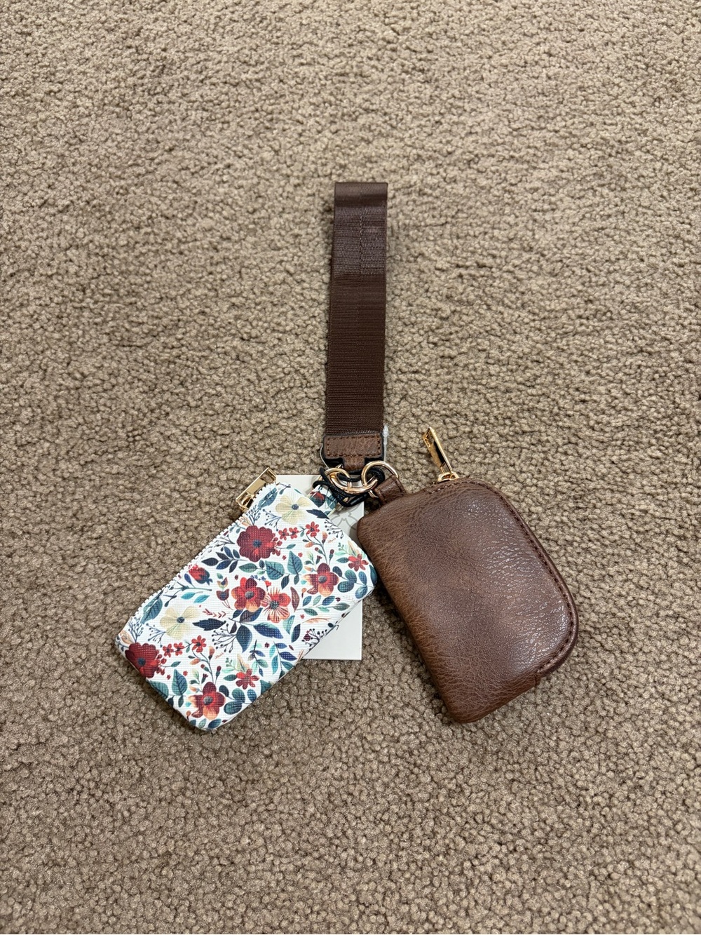 Brown  Key Pouch with Floral Cardholder and Wrist Strap